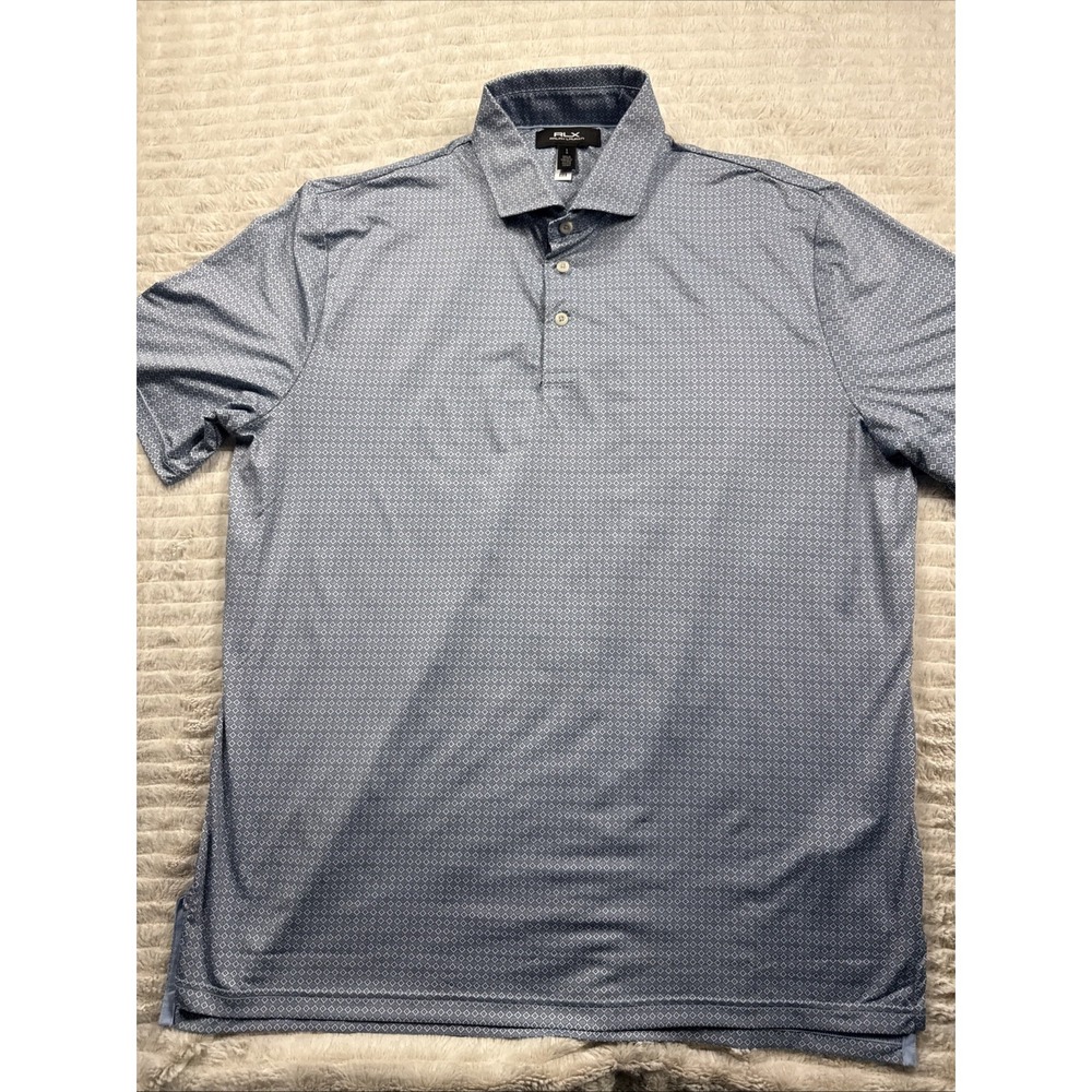 RLX Ralph Lauren Polo Mens L Performance Stretch Golf Blue Diamond AOP Geometric